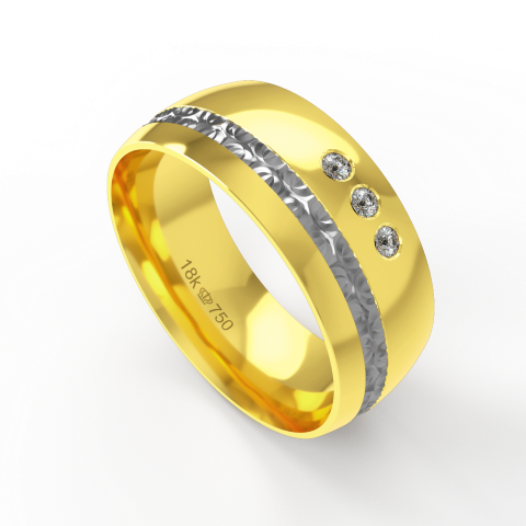 Aliança Casamento 2 cores parte Interna Anatômica com Pedra e Fio Trabalhado em Ouro Branco, Ouro Rose ou Amarelo 18k C7