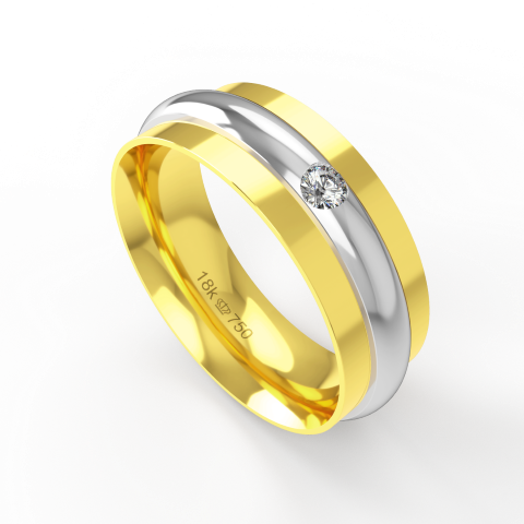 Aliança de Casamento 2 cores parte Interna Anatômica com Pedra Ouro Branco, Ouro Rose ou Amarelo 18k C736RZ