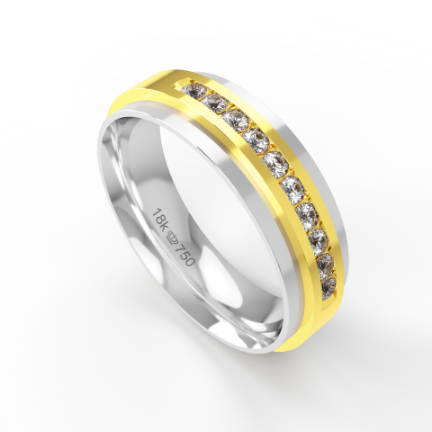 Aliança de Casamento 2 cores parte Interna Anatômica Exterior com Pedras Ouro Branco, Ouro Rose ou Amarelo 18k C740RZ