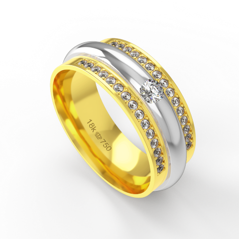 Aliança Casamento 2 cores parte Interna Anatômica com Pedras Ouro Branco,  Ouro Rose ou Amarelo 18k C942RZ