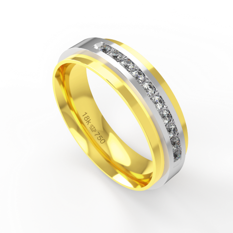 Aliança de Casamento 2 cores parte Interna Anatômica Exterior com Pedras Ouro Branco, Ouro Rose ou Amarelo 18k C739RZ