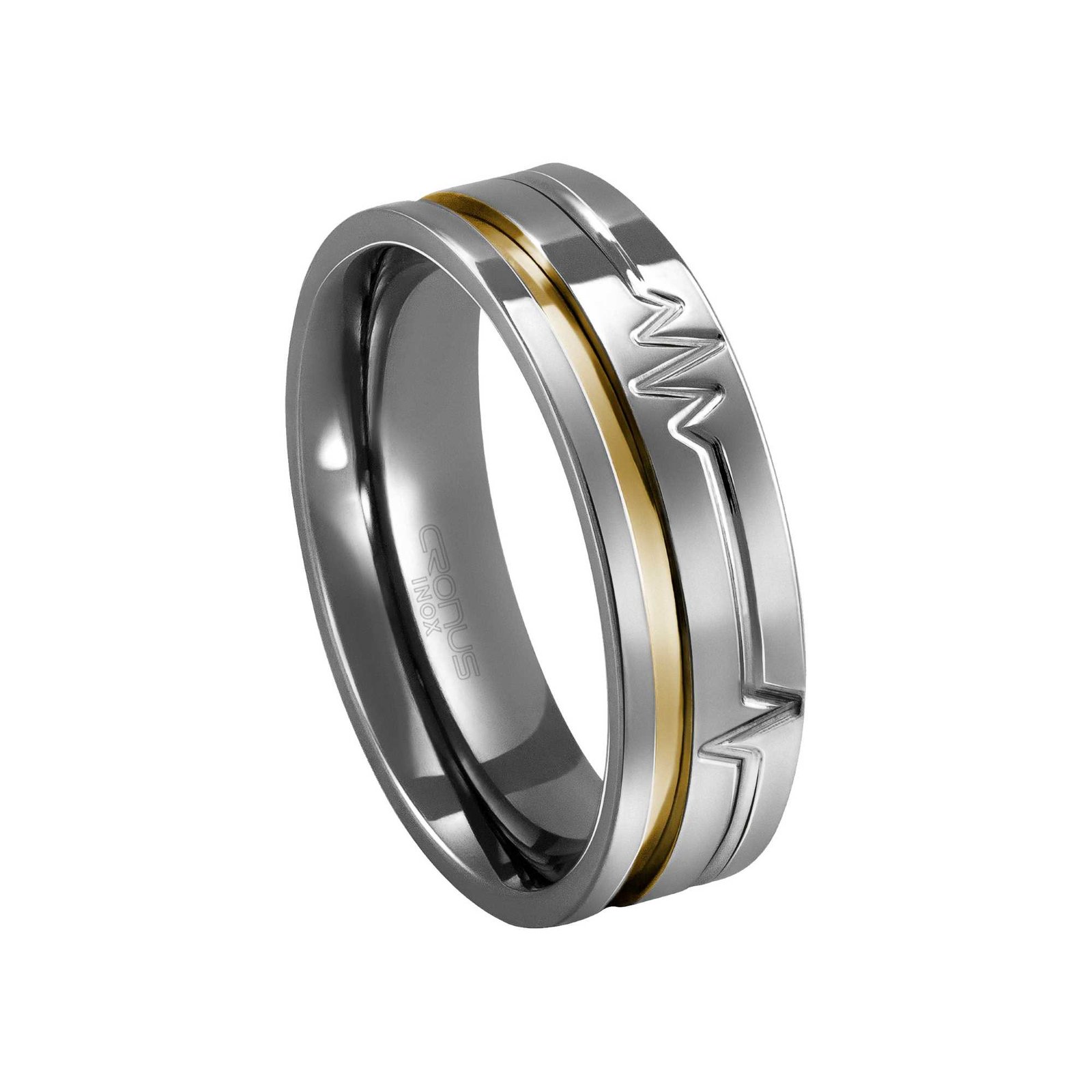 Aliança de Aço Masculina Namoro Compromisso Anatômica Batimentos Coração com Friso em Ouro Acabamento Polido 44