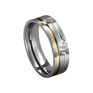 Aliança de Aço Masculina Namoro Compromisso Anatômica Batimentos Coração com Friso em Ouro Acabamento Fosco 442