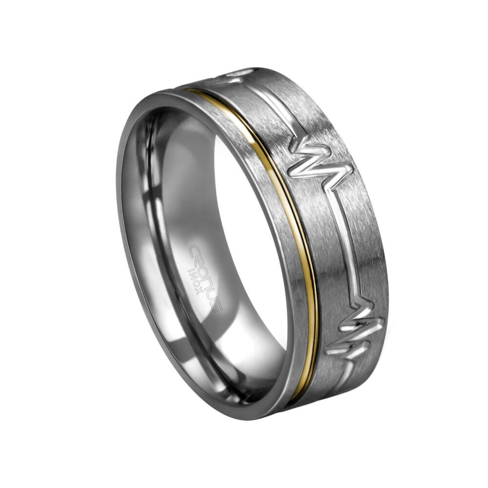 Aliança de Aço Masculina Namoro Compromisso Anatômica Batimentos Coração com Friso em Ouro Acabamento Fosco 442