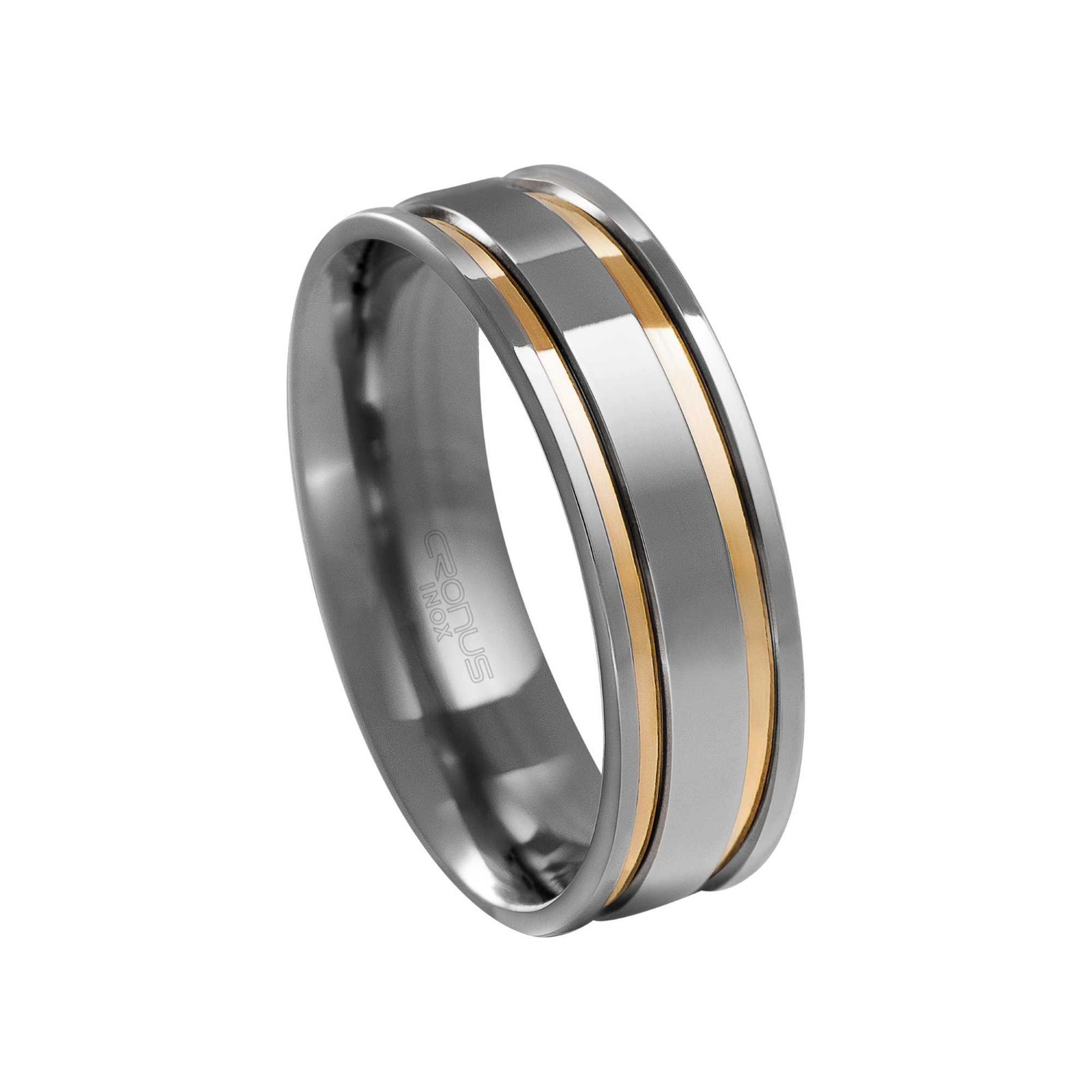 Aliança de Aço Namoro Compromisso Anatômica com Frisos em Ouro Acabamento Polido RAO62