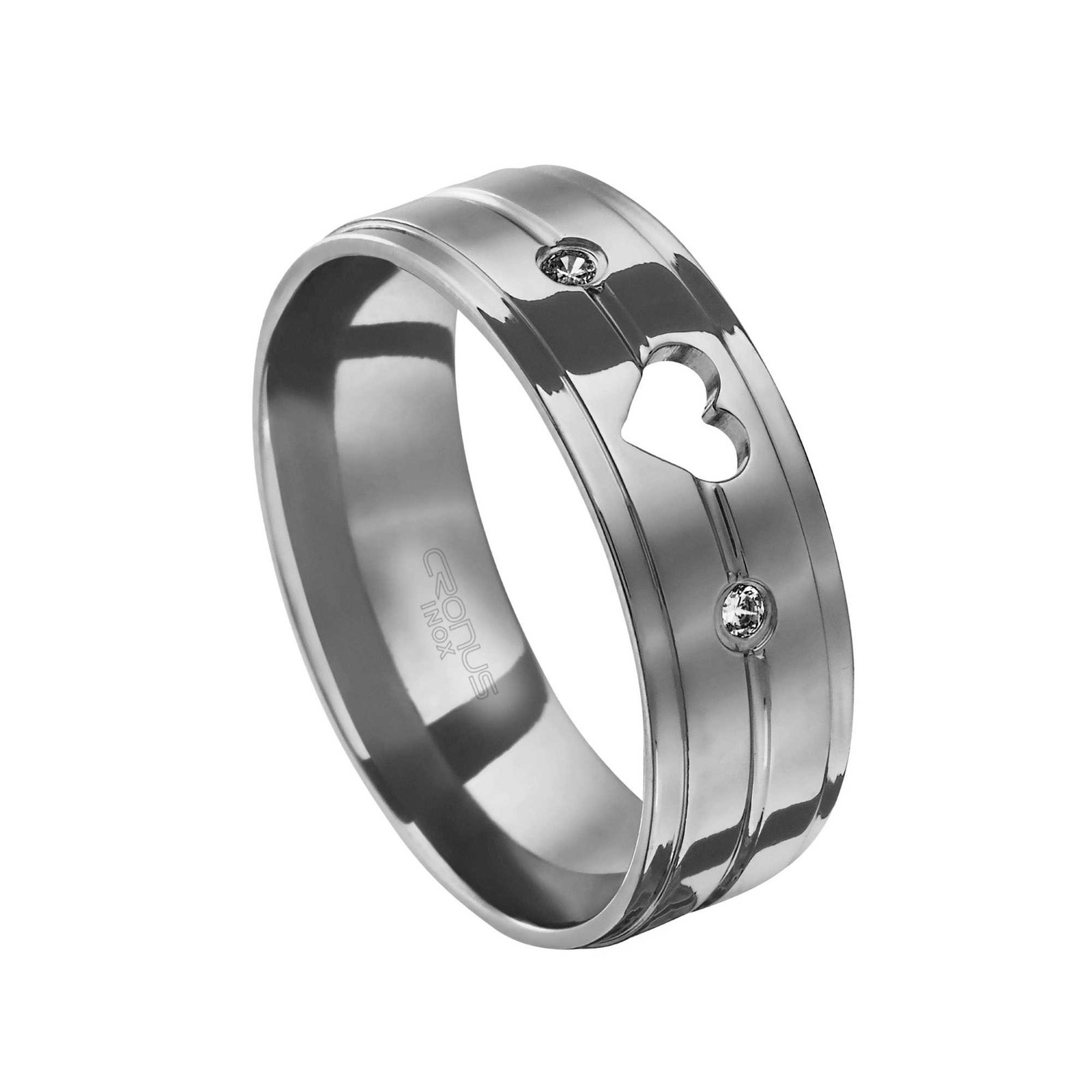 Aliança de Aço Namoro Compromisso Anatômica com Zircônia e Coração Frisos Trabalhados Acabamento Polido 4335 L