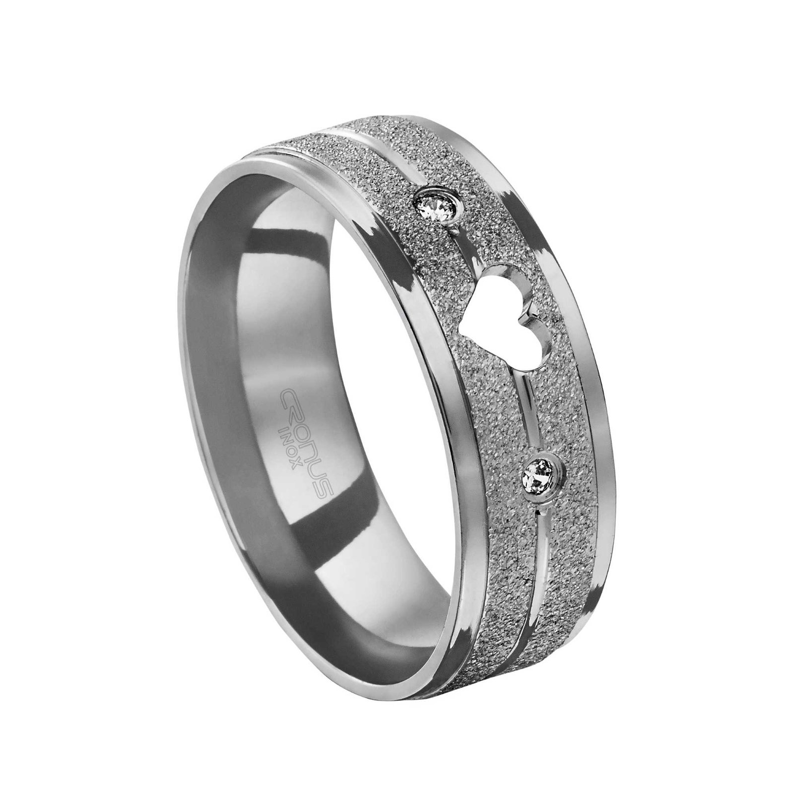 Aliança de Aço Namoro Compromisso Anatômica com Zircônia e Coração Frisos Trabalhados Acabamento Polido e Fosco 4335