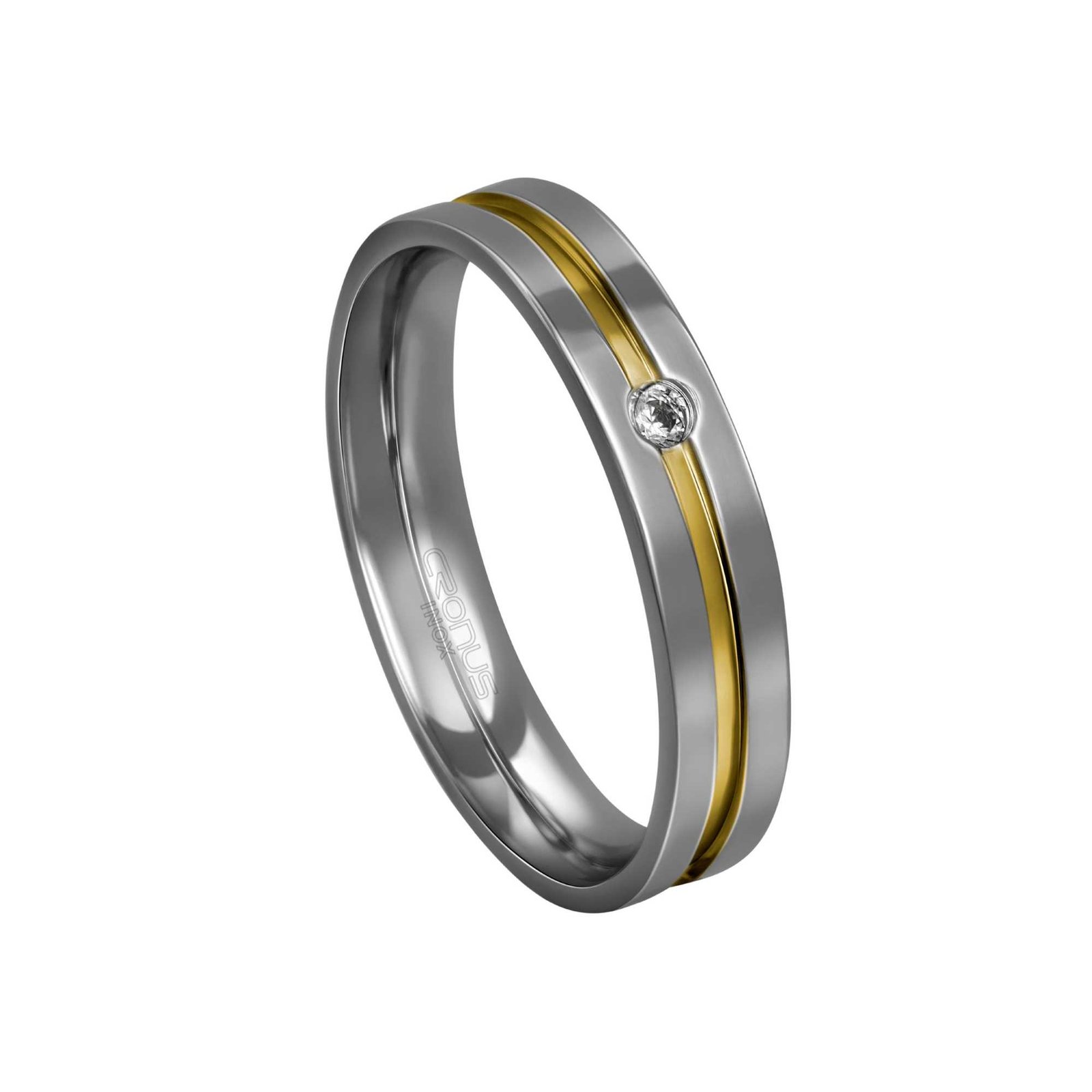 Aliança de Aço Namoro Compromisso Anatômica com Zircônia e Friso em Ouro Acabamento Polido 4512