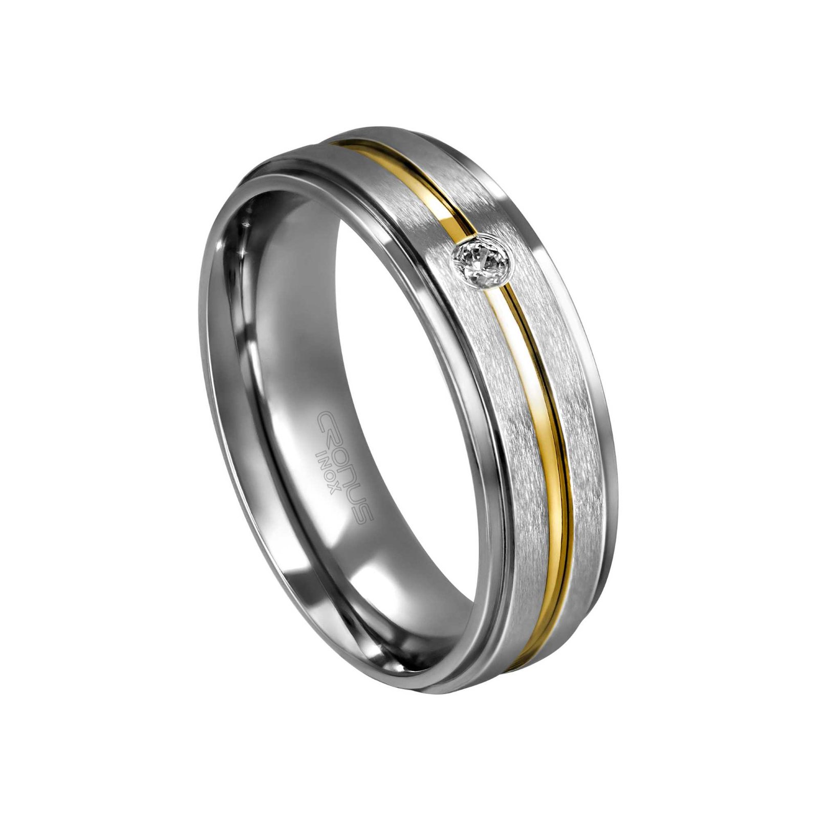 Aliança de Aço Namoro Compromisso Anatômica com Zircônia e Friso em Ouro Acabamento Polido e Fosco 4316 LX