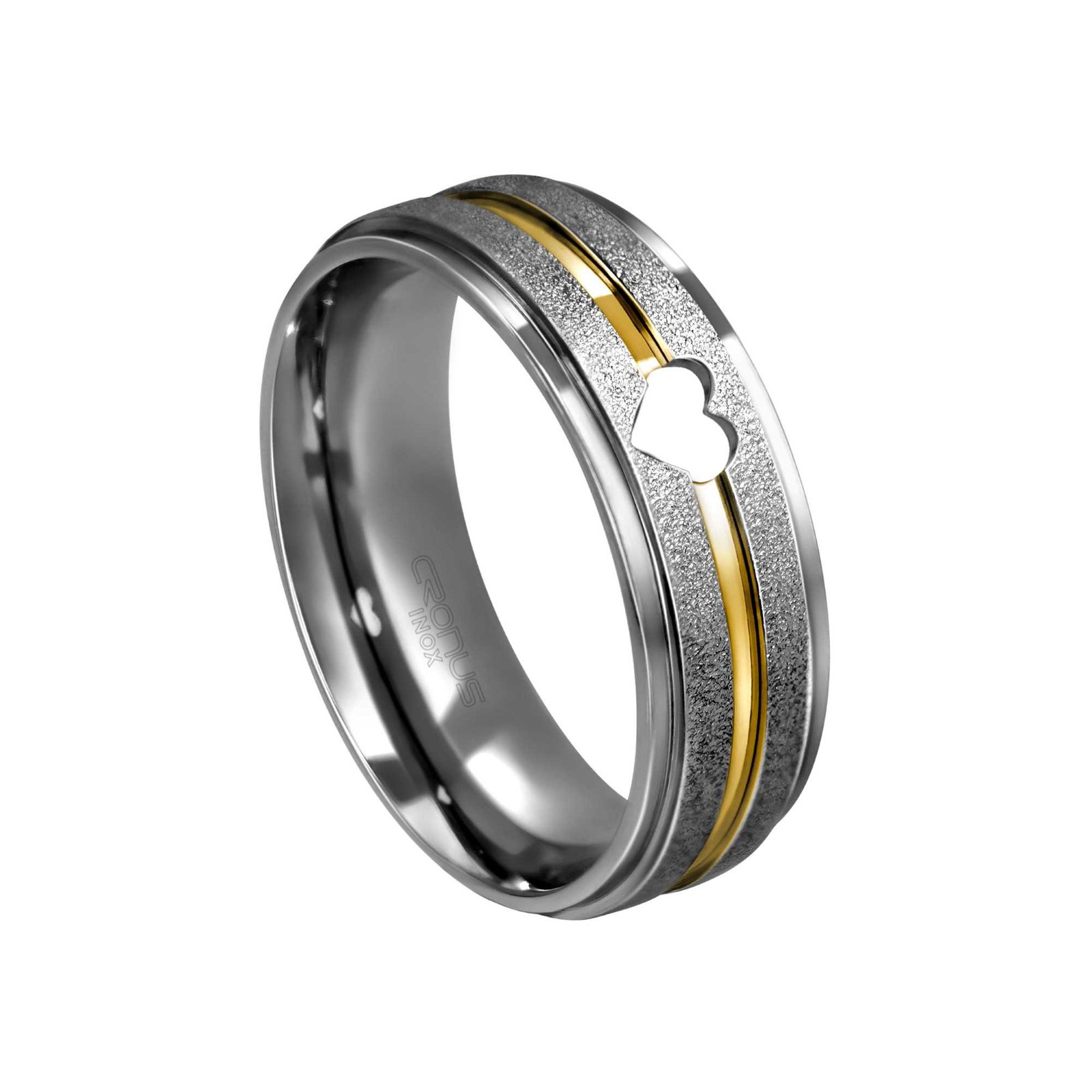 Aliança de Aço Namoro Compromisso Anatômica Coração com Friso em Ouro Acabamento Fosco e Polido 4450