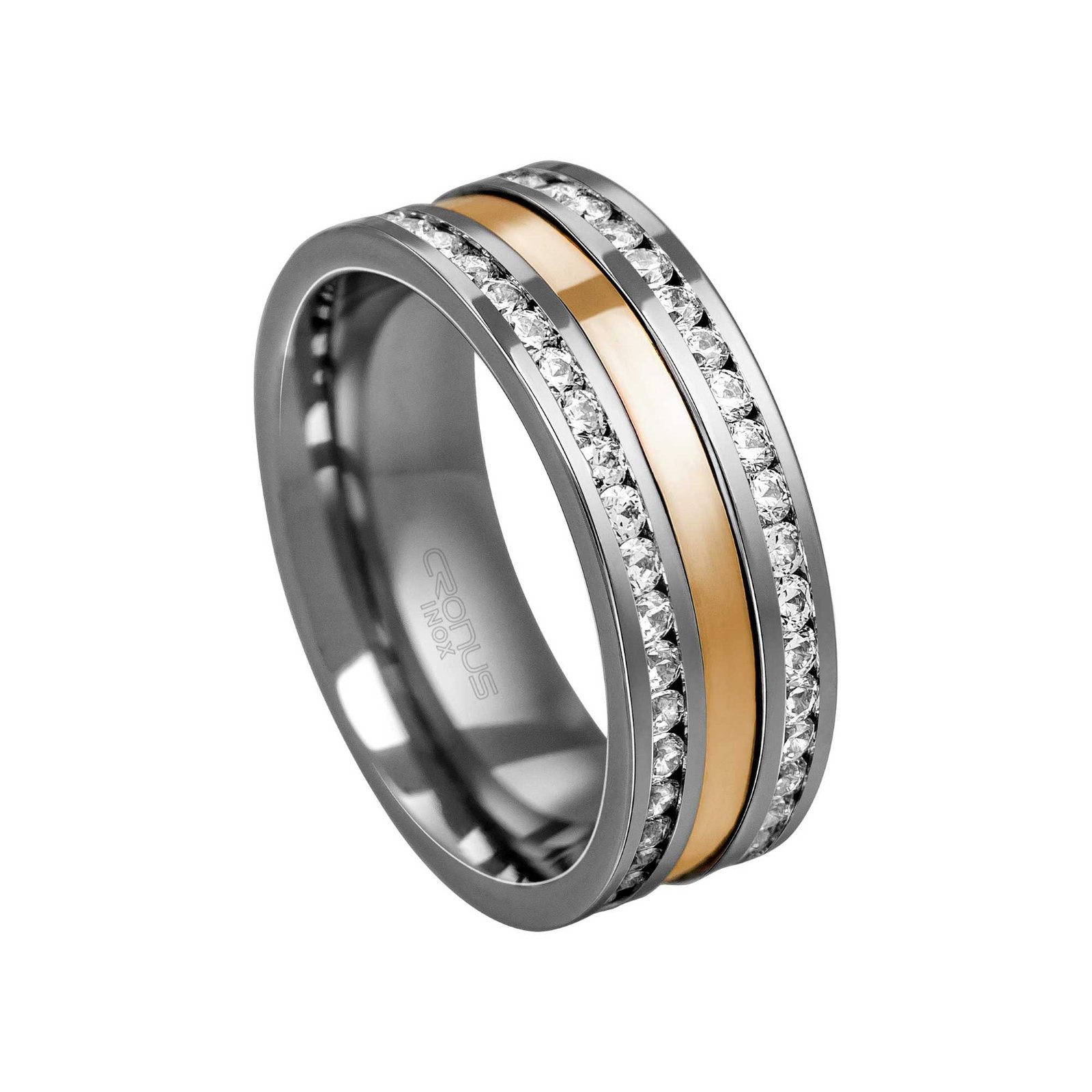 Aliança de Aço Namoro Compromisso Anatômica Cravejada com Zircônias Friso em Ouro Acabamento Polido 4509