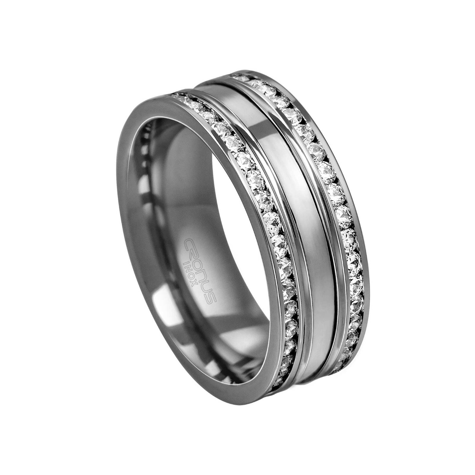 Aliança de Aço Namoro Compromisso Anatômica Cravejada com Zircônias Frisos Acabamento Polido 4333