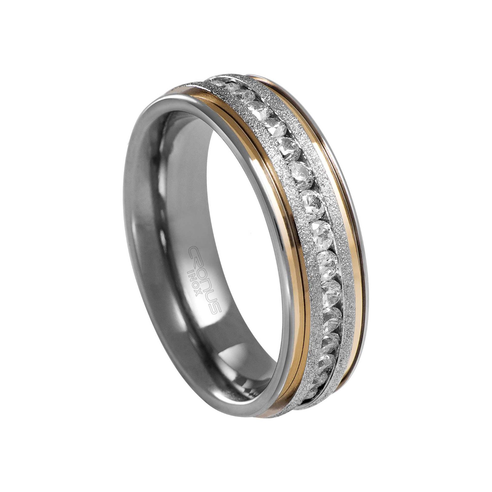 Aliança de Aço Namoro Compromisso Anatômica Cravejada com Zircônias Frisos em Ouro Acabamento Polido e Fosco 4