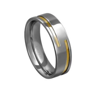 Aliança de Aço Masculina Namoro Compromisso Anatômica Reta com Friso Diagonal em Ouro Acabamento Polido 4426