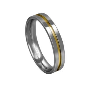 Aliança de Aço Masculina Namoro Compromisso Anatômica Reta com Friso em Ouro Acabamento Polido 4424