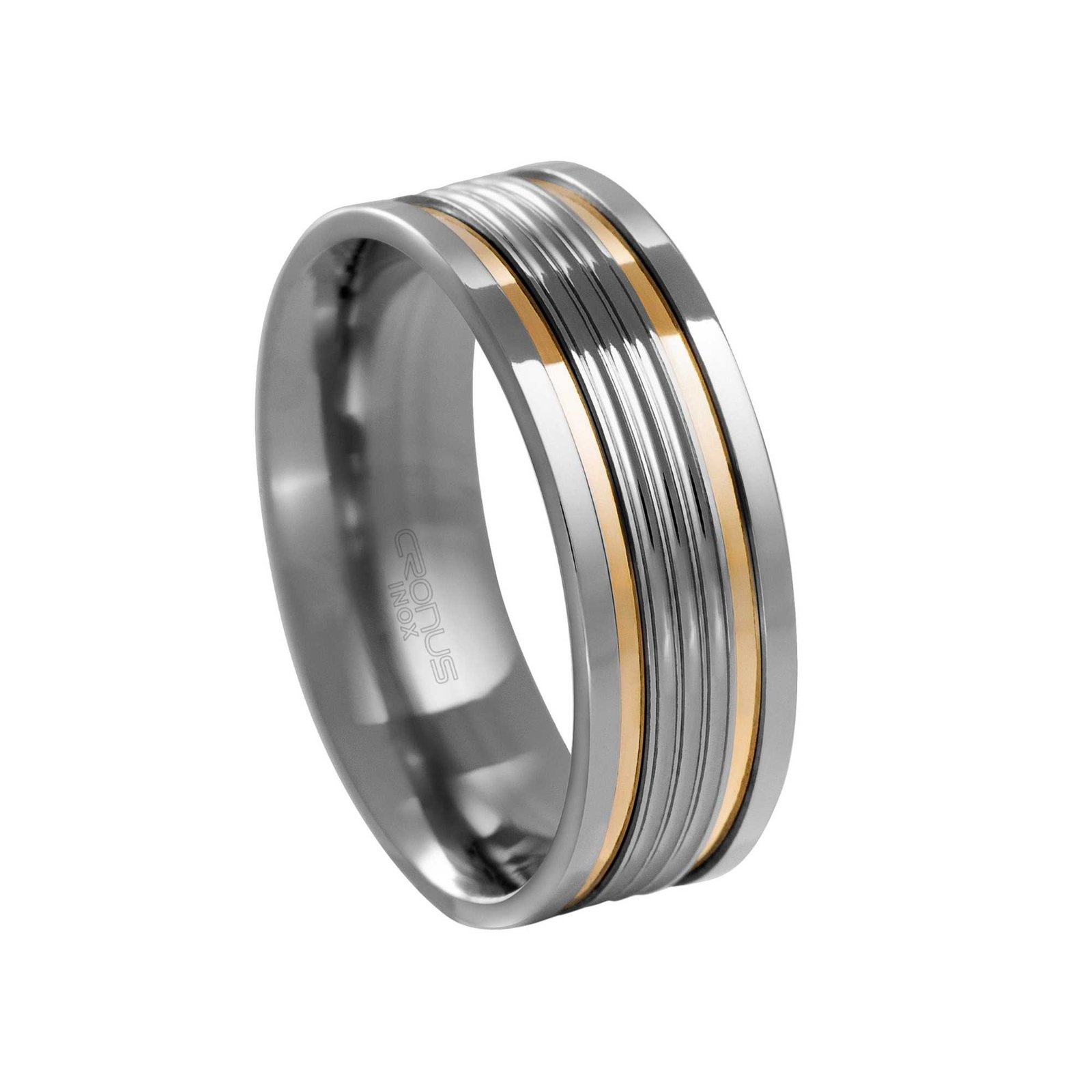 Aliança de Aço Masculina Namoro Compromisso Anatômica Reta com Frisos em Ouro Acabamento Polido 4415