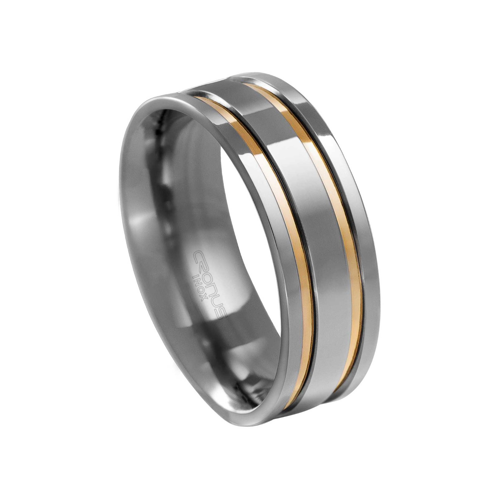 Aliança de Aço Masculina Namoro Compromisso Anatômica Reta com Frisos em Ouro Acabamento Polido 4417
