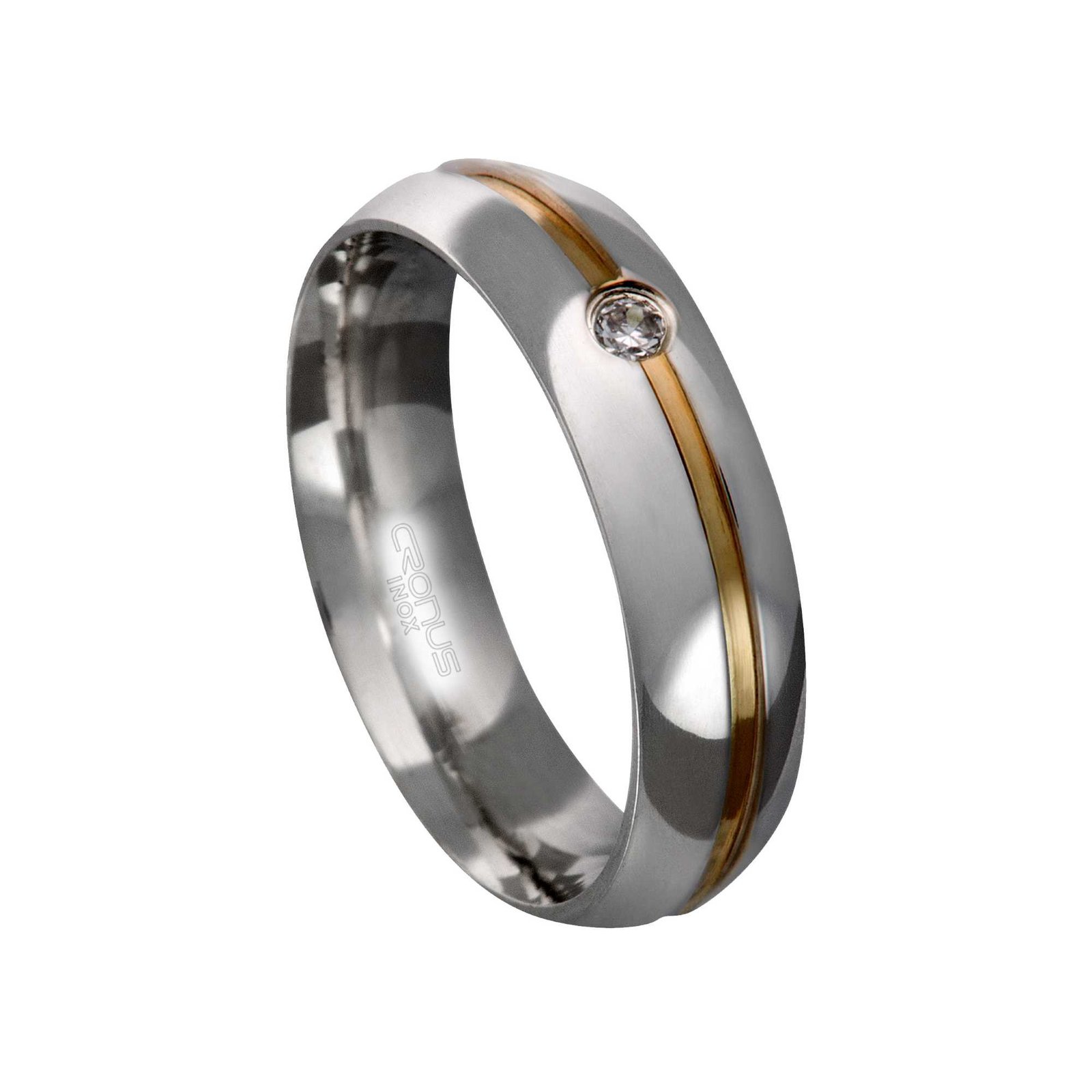 Aliança de Aço Namoro Compromisso Anatômica com Zircônia e Friso em Ouro 3AP51