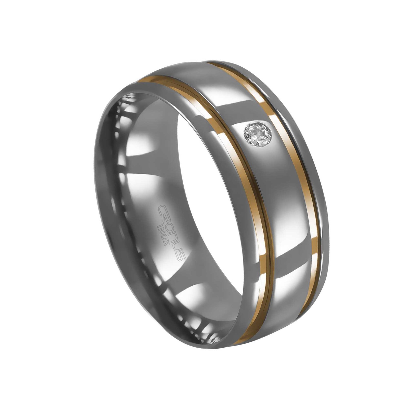 Aliança de Aço Namoro Compromisso Anatômica com Zircônia e Friso em Ouro 3AP82