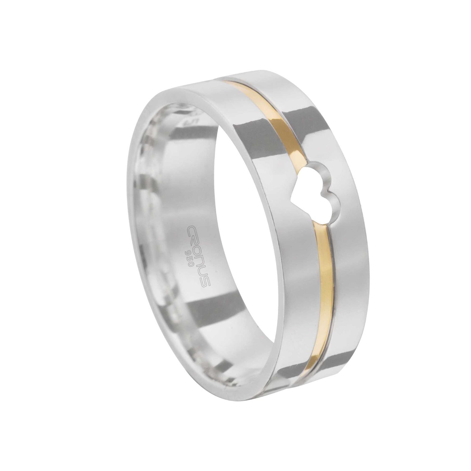 Aliança de Prata Namoro Compromisso Anatômica Coração Vazado e Friso em Ouro Acabamento Polido 2418