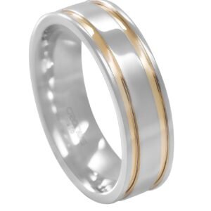 Aliança de Prata Masculina Namoro Compromisso Anatômica Frisos em Ouro Acabamento Polido 2403