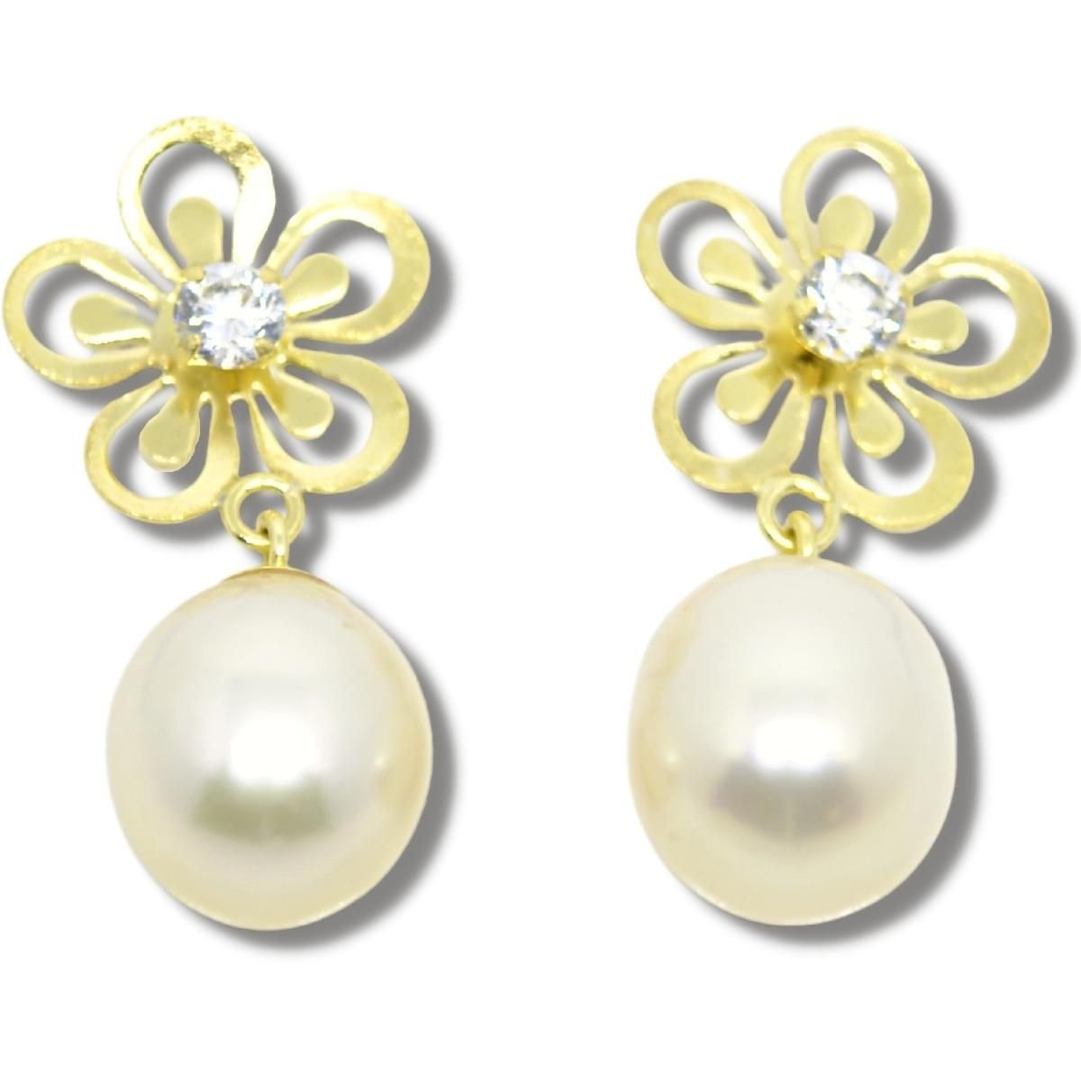 Brinco Flor Pérola Zircônia Ouro 18k B197