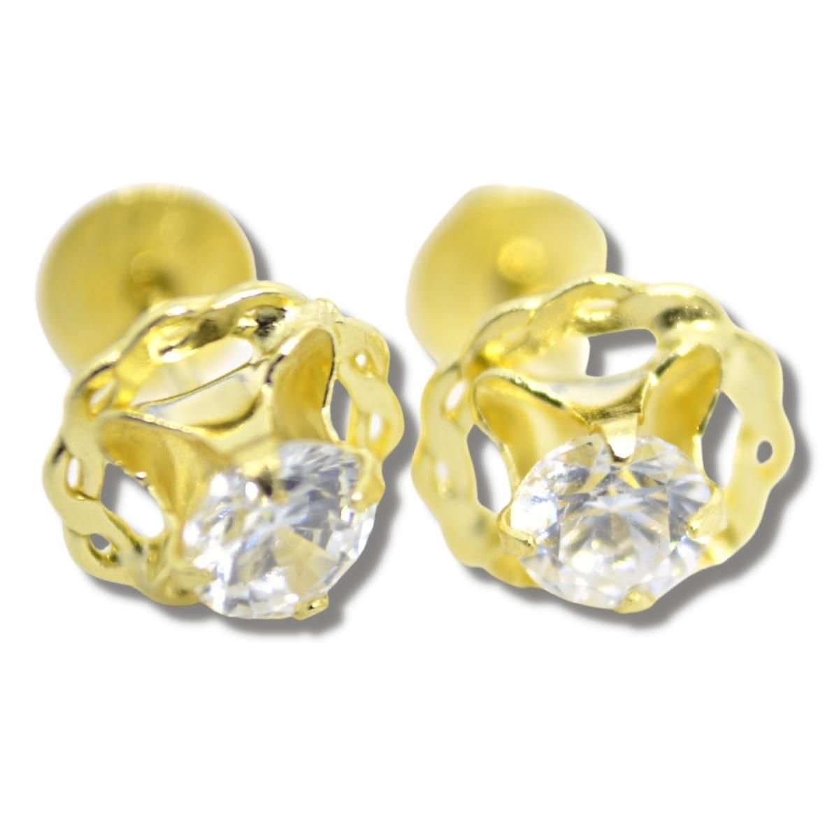 Brinco Infantil Bebê Solitário Zircônia Ouro 18k B027