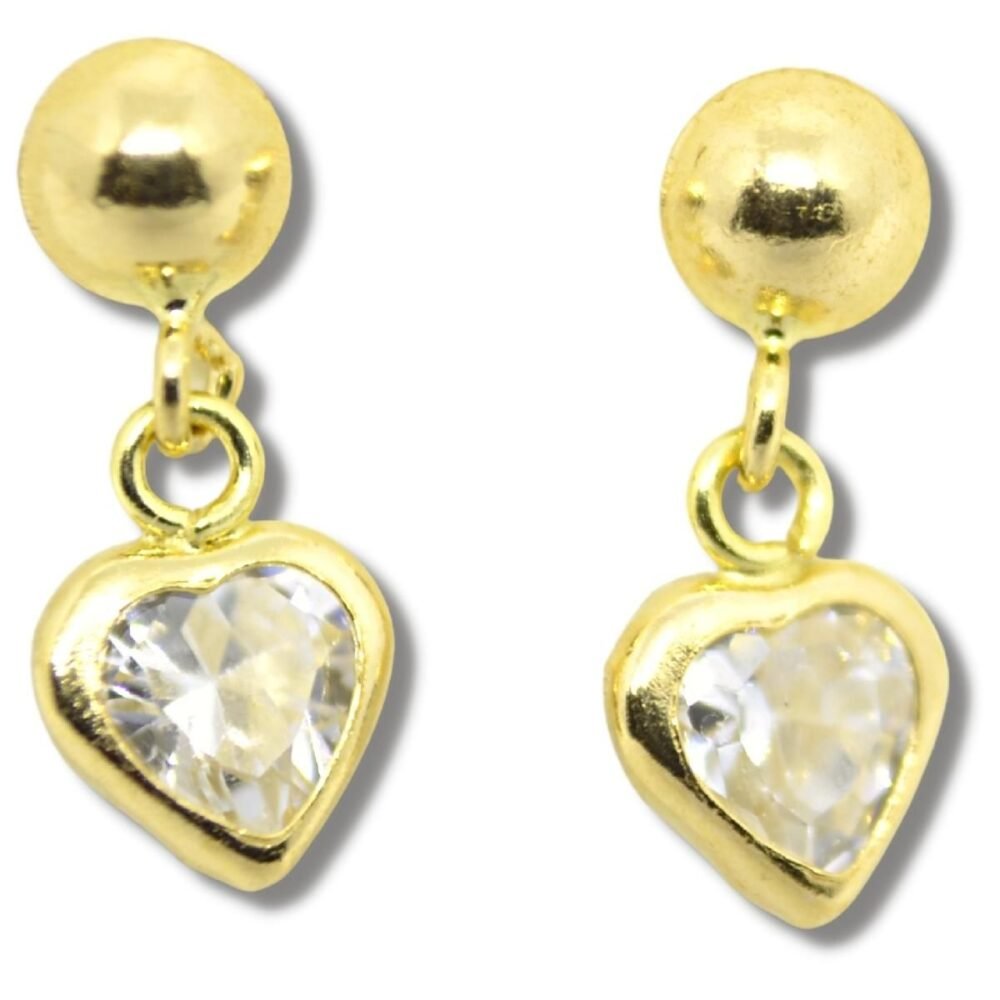 Brinco Coração Pingente Zircônia Ouro 18k B058