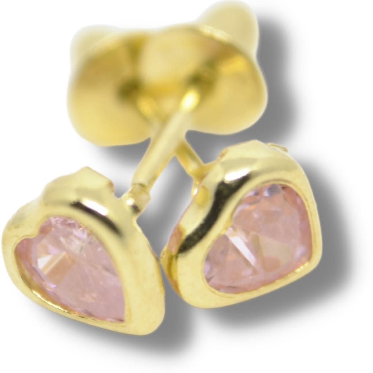 Brinco Infantil Coração Zircônia 6mm Rosa Ouro 18k B048 R