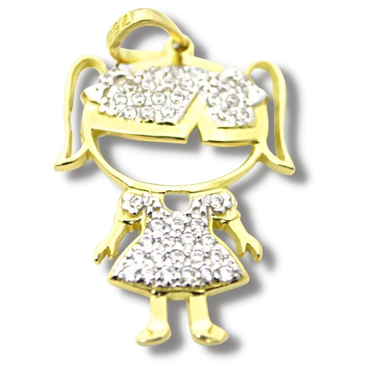 Pingente Boneca Menina Ouro Branco Cravejado Zircônia 18k P080