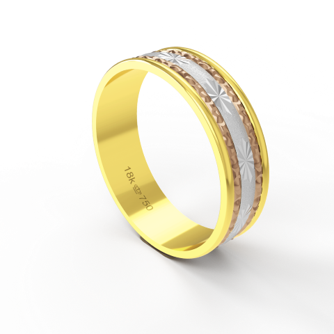 Aliança Casamento 3 cores parte Interna Reta com Trabalho Fosco e com Fio em Ouro 18k Rose e Amarelo C602