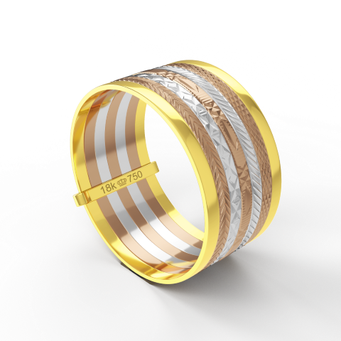 Aliança Casamento 3 cores parte Interna Reta com Fios em Ouro Branco, Ouro Rose ou Amarelo 18k C214